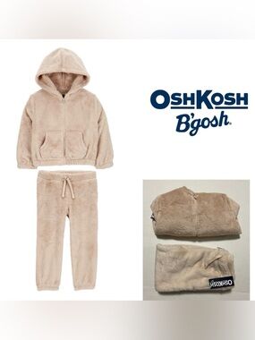 🆕OSHKOSH - 4T - NWT - 2PC SET - GIRLS TAN SHERPA FLEECE ZIP UP HOODIE AND PANTS
